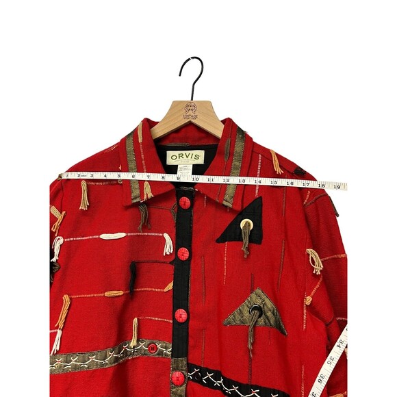 90s Orvis Cotton Tapestry Funky Artsy Jacket Red Tribal Button Up Women’s Large - Picture 8 of 15